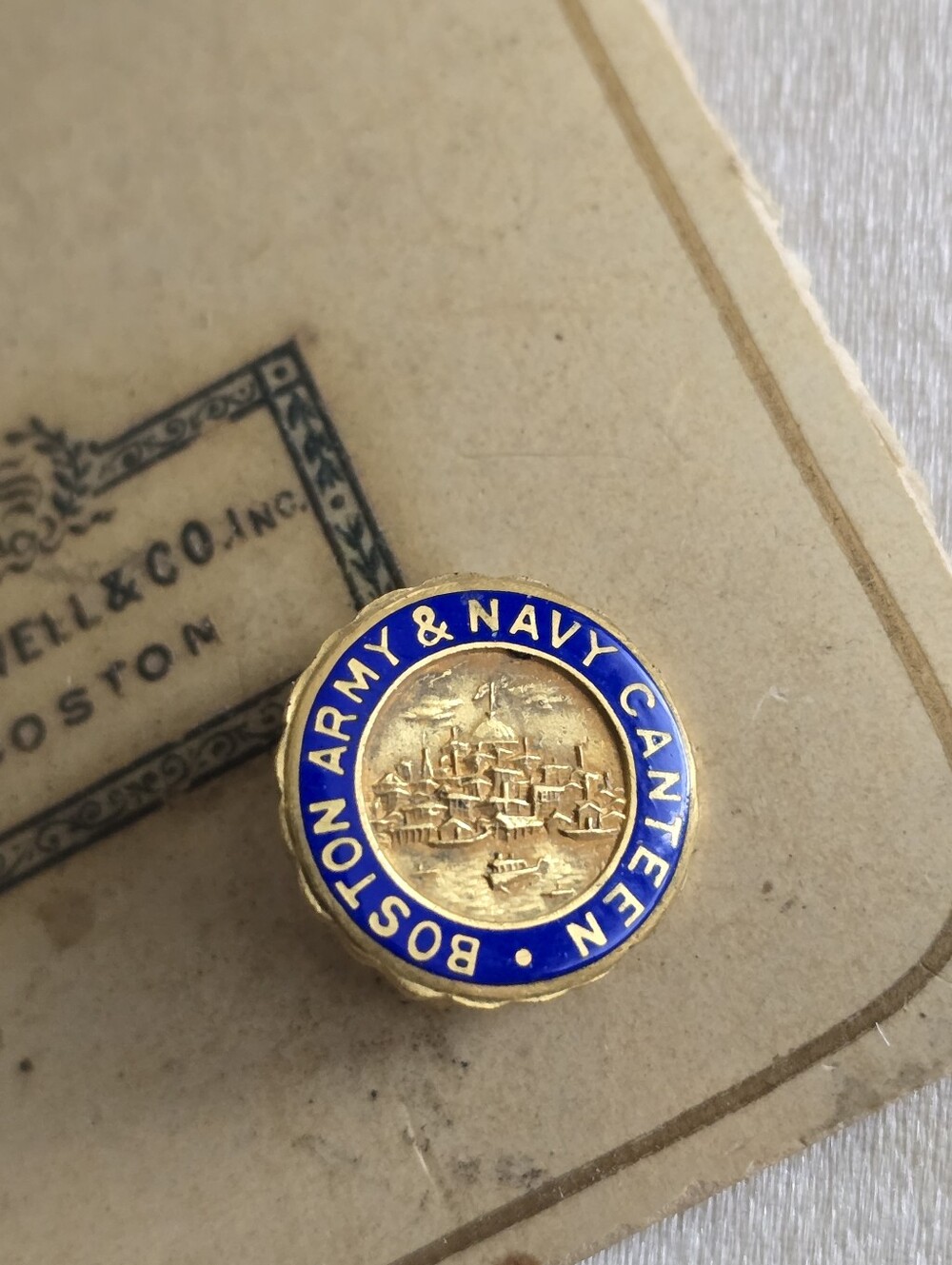 Vintage pin Boston Army and Navy Canteen brooch military gold tone